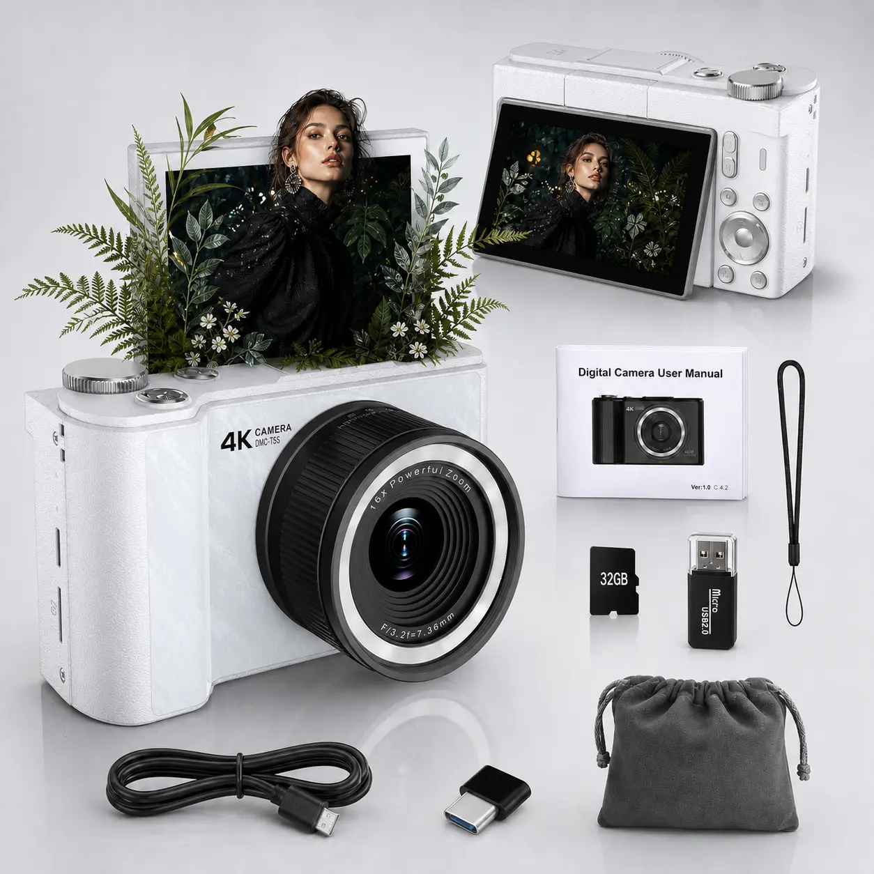 W&O Digital Camera for Photography, Vlogging Camera with Fill Light, 180° Flip Screen, 48MP 16X Digital Zoom, 32GB Card, Compact Point and Shoot Camera for Students, Women and Beginners, Ideal Gift