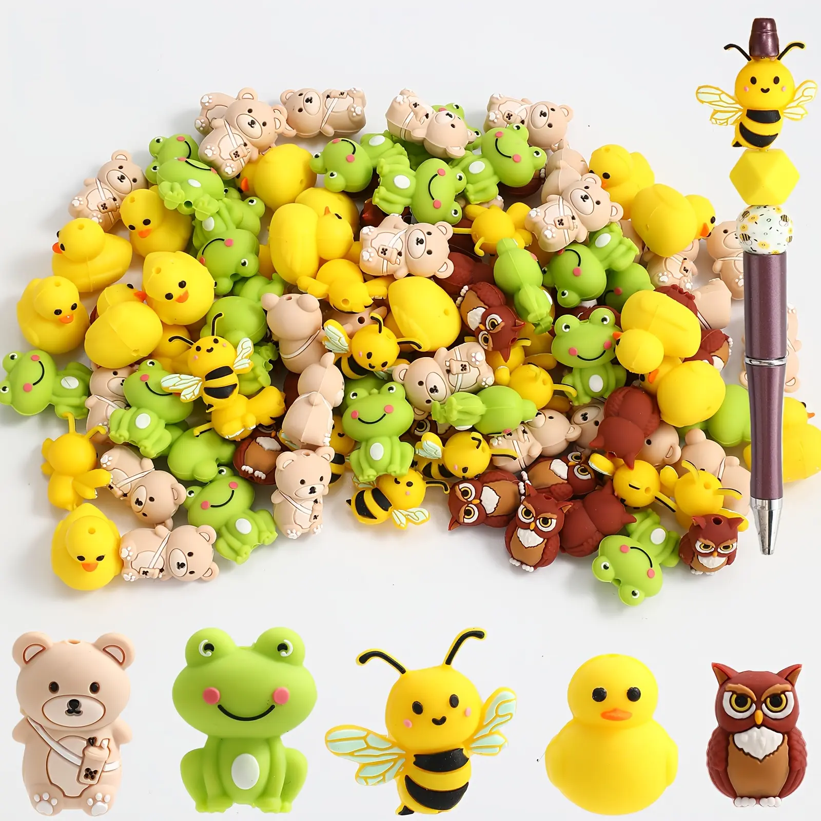 50 sets of 3D silicone bead kits - in the shapes of bees, bears, owls, frogs, and ducks, suitable for DIY jewelry, keychains, and handmade mobile phone pendants kits