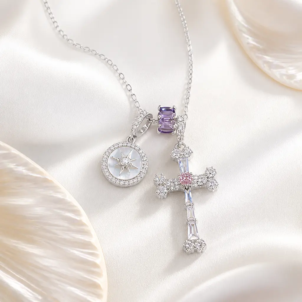 Crystal Cross  Star Shell Necklace-18Kgold plated stainless steel