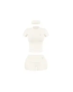 3 Piece Athleisure Set in Cream - Includes Top, Shorts, and Headband - As shown in the Image — Sizes XS-XXL
