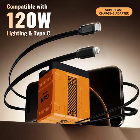 W&O 120W GaN Folding Cellphone Charger - Retractable Wall Charger, USB Type C/Lightning, Fast Charging for iPhone, Smartphone, Travel Multi-Device Accessory, Holiday Tech Gift