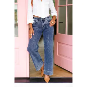 Restock! Mica High Rise Dark Wash Wide Leg Jeans With Front Seam Detail