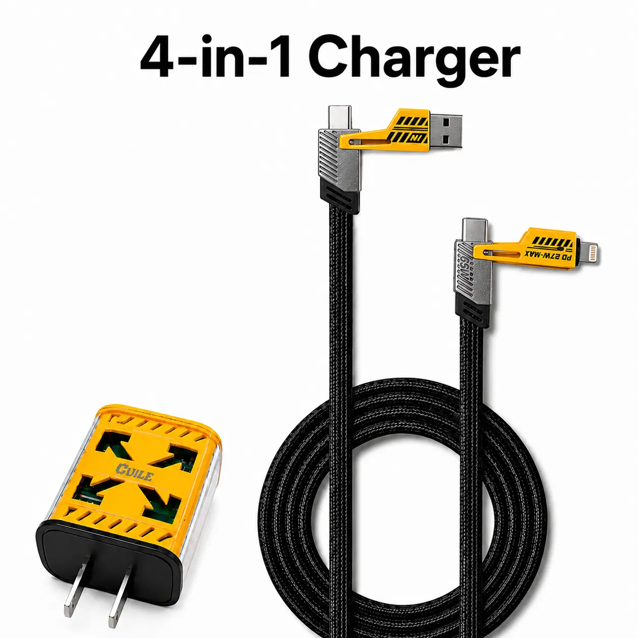 4-in-1 Fast Charging Cable with Adapter, Electronic Mobile Smartphone Multi-Device Cord - USB-C & Lightning Compatibility for iPhone, Android, Tablet