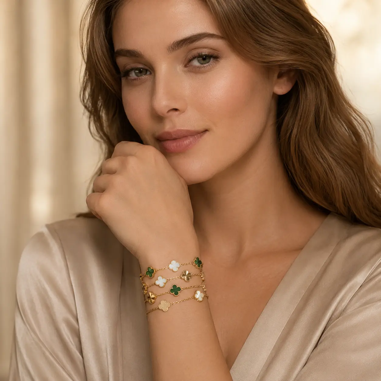 Clover Bracelet  14 K Gold Plated Stainless Steel - Lightweight, Adjustable, Minimalist Costume Jewelry with Chains, Unisex