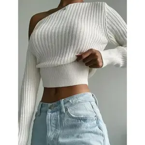 Women's Solid Asymmetrical Neck Sweater Casual One Shoulder Long Sleeve Knitting Top for Daily Wear Autumn Winter Outfits 2025 Stylish Flattering Fit Seasonal Comfort