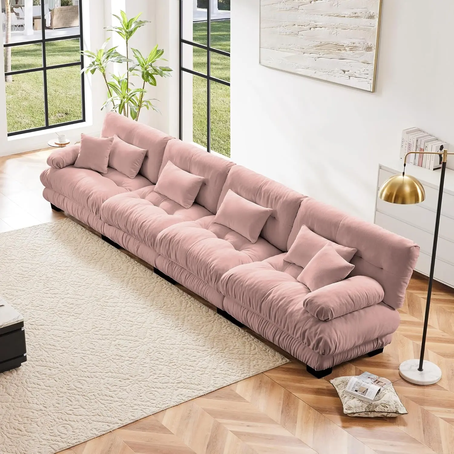 Modular Sectional Sofa Cloud Couch, Deep Seat Sectional Couches for Living Room, Comfy Soft Chenille Sofa with 6 Pillows, Modern 4 Seater Modular Couch Round Armrests Sofas for Bedroom