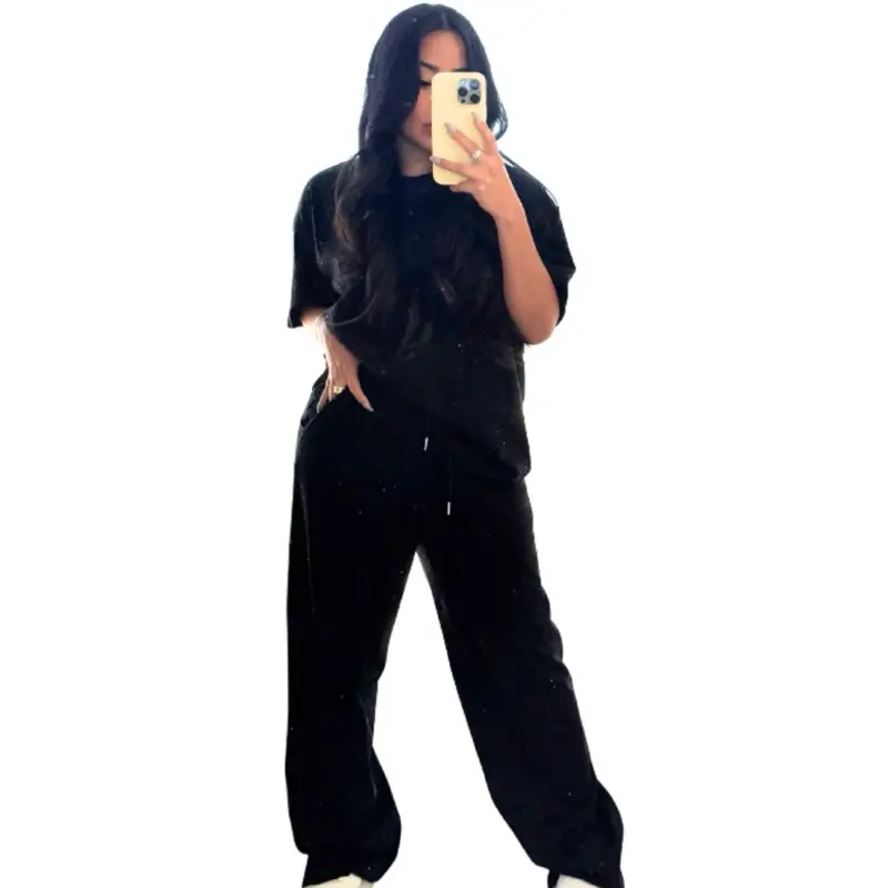 Monika Rhinestone Lounge Set – Oversized Tee + Wide Leg Pants | Sold as a Set