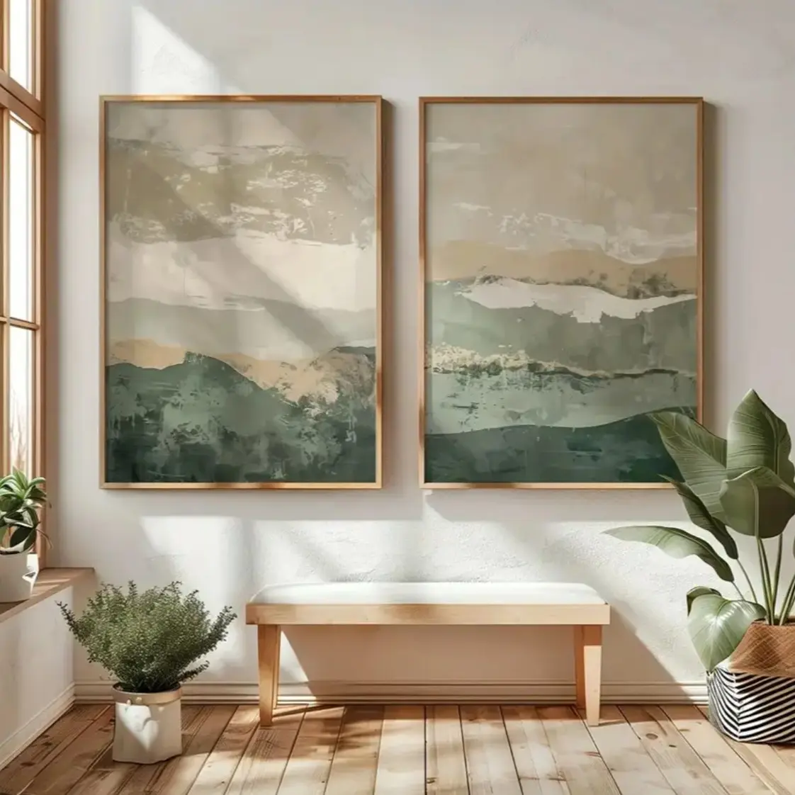 Wabi Sabi Abstract Wall Art 2-piece Set, Artistic Indoor Decoration, available in wooden frame green, beige, neutral, minimalist modern decoration, double abstract earth tone art printmaking