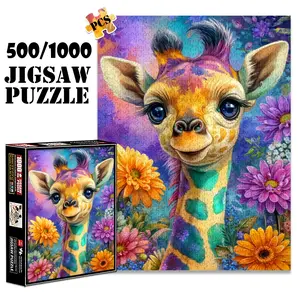 1pc 1000 piece adult puzzle 70x50cm Colorful Giraffe Surrounded by Flowers 500 pieces paper jigsaw puzzle suitable for DIY creative games for adults and families, birthday and holiday stress relief g