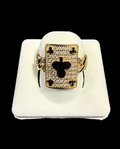 Ali Jewelers Unisex 10 Karat Gold Cuban Ring - 3.7g, Poker Theme, Card Shape Design, Cubic Zirconia Stones, Fashion Costume Jewelry Accessory, 3.7 Gram