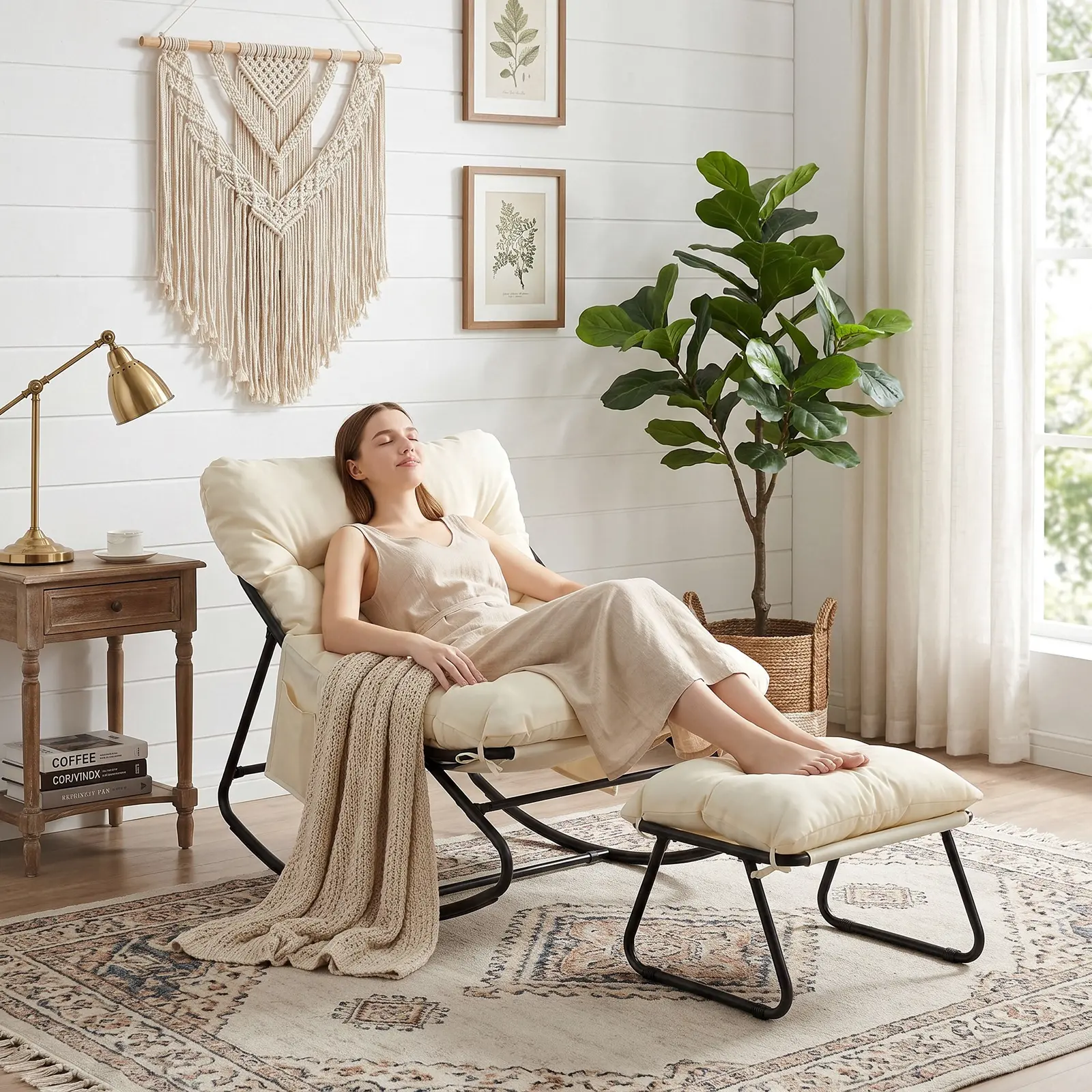 Arlopu Indoor Outdoor Rocking Chairs with Ottoman, Comfy Papasan Rocking Chair with Padded Cushion, Soft Lounge Chair, Modern Reading Accent Chair for Balcony Garden, LivingRoom Furniture, Christmas Gift BackToSchool homeessentials