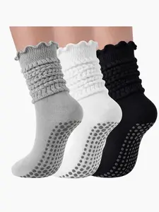 3 Pairs Ruffle Grip Pilates Socks for Women, Yoga Slouch Socks with Grip for Barre Workout Hospital Long Scrunch Slipper Socks