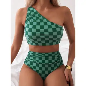 Green Plaid Bikini Set - Women's Two Piece Swimsuit - Irregular Bathing Suit - Beach Vacation Swimwear - Poolside Outfit