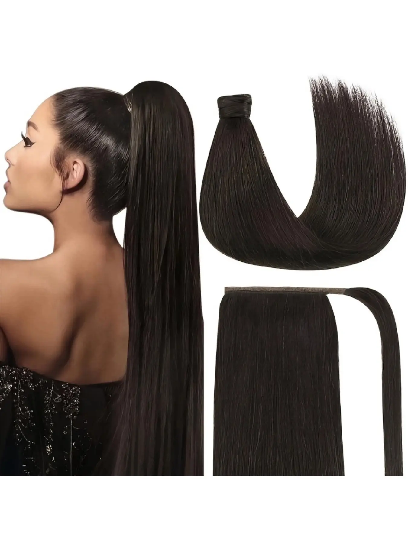 Brazilian Virgin Remy Human Hai Straight Human Hair Ponytail Extension with Magic Paste Wrap Around Hair Extension Natural Color for Women Hair Extensions Ponytail