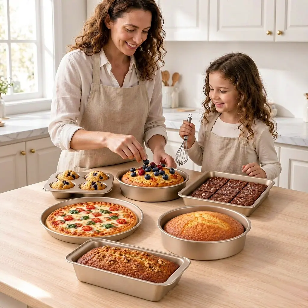 5-Piece Nonstick Bakeware Set, Gold Baking Pans with Muffin Pan, Loaf Pan, Round & Square Cake Pans, Non-Toxic PFOA Free Carbon Steel, Easy Release, Nesting, Oven Safe