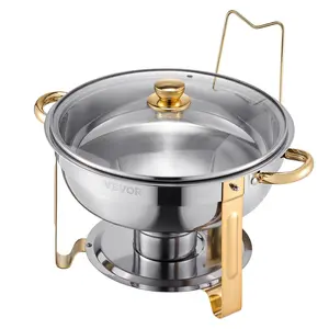 VEVOR 5 Qt 4 Pack Round Chafing Dish Buffet Set Full-Size Pan Stainless Steel Gold
