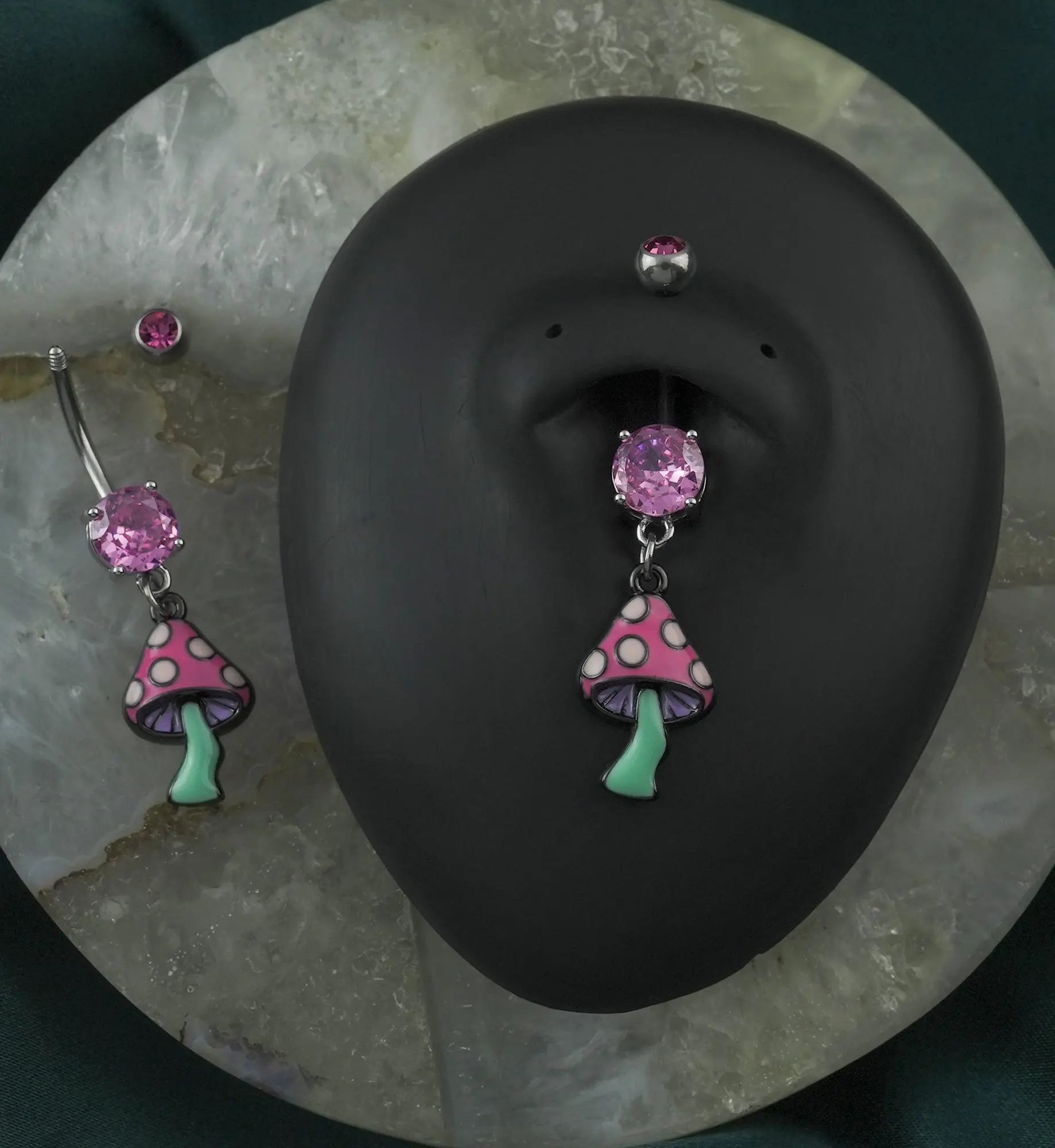 Pink Mushroom Pink CZ Stainless Steel Belly Button Ring