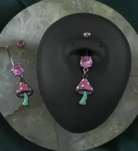 Pink Mushroom Pink CZ Stainless Steel Belly Button Ring