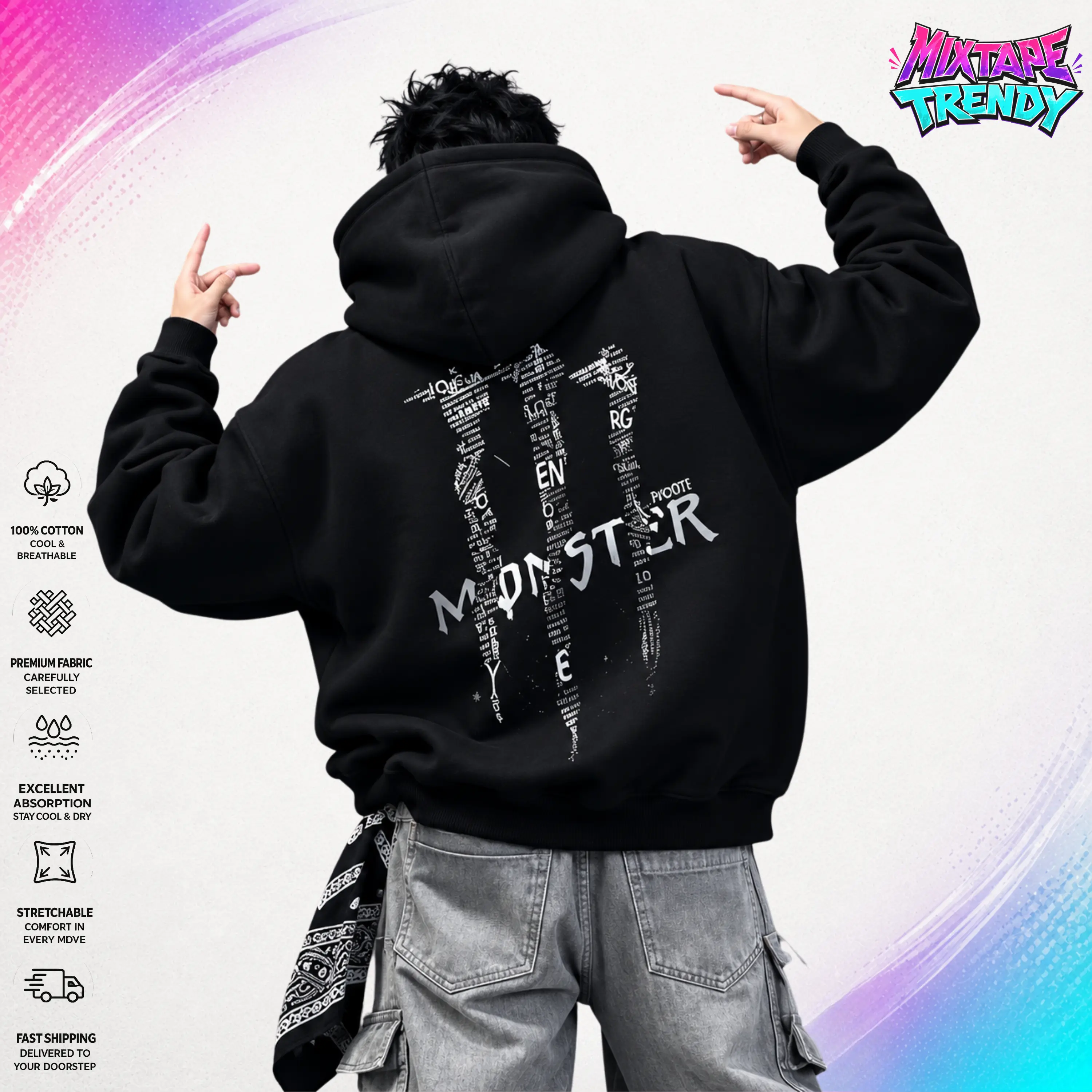 Mixtape Monster Text Patchwork Graphic Hoodie | Heavyweight Fleece Streetwear Sweatshirt | Y2K Aesthetic Streetwear Oversized Sweatshirt