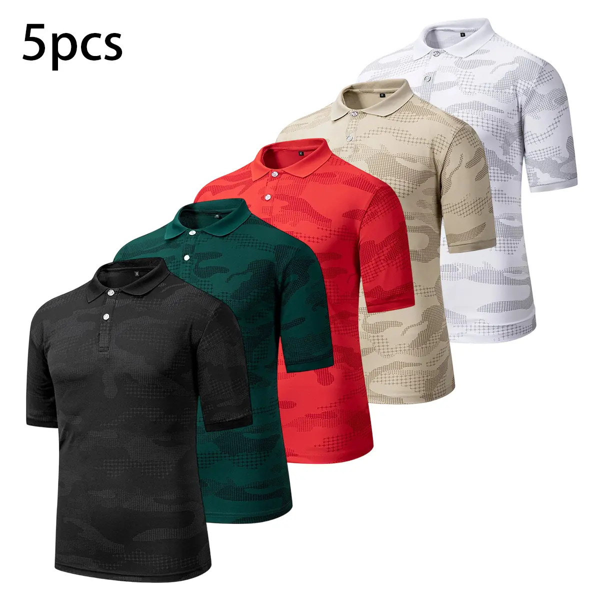 Men's 5-Pcs Premium Tactical Digital Camo Print Performance Polo Shirts - Dry-Fit, Quick Dry, Moisture Wicking, Breathable Lightweight Button-Down Collar Short Sleeve Athletic Tops for Gym, Work, Hiking, Dry-Fit Polo Shirts