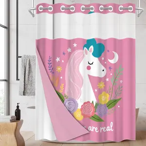 1pc hookless shower curtain with buckle lining, spring-themed floral unicorn design, 2D flat printing, fabric waterproof lining, see-through double-layer shower curtain, 71 x 74 inches, modern home draping curtain.