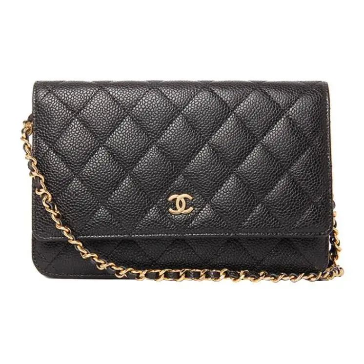 Pre-owned CHANEL leather Crossbody bags WOC Classic Bag Black Lychee Grain with Diamond Gold Buckle Chain Strap Crossbody Shoulder Bag for Everyday Use