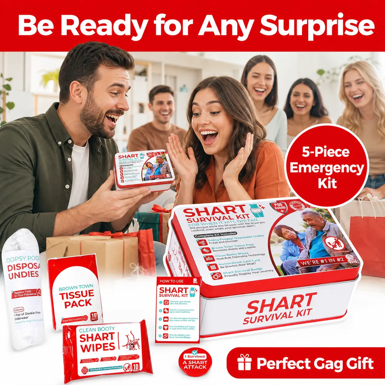 Emergency Prank Kit Gift Set - Funny Fart-Themed Novelty Gag Gift for Friends & Family, Includes Wet Wipes, Disposable Underwear, Tissues & Badge