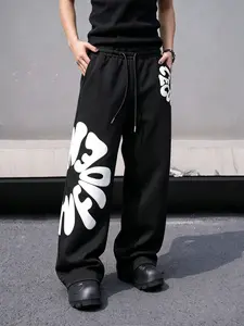 Men's Graphic Loose-Fit Pants, Elastic Waist Drawstring, Casual Striped Design, All-Season Long Pants, Trendy Streetwear, Athleisure Casual Pants