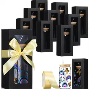 Clear Window Sublimation Gift Boxes, 8-Pack with Ribbons, Perfect for Weddings & Events, Fits 12oz-20oz Glasses, Easy Install, Gift Box Set