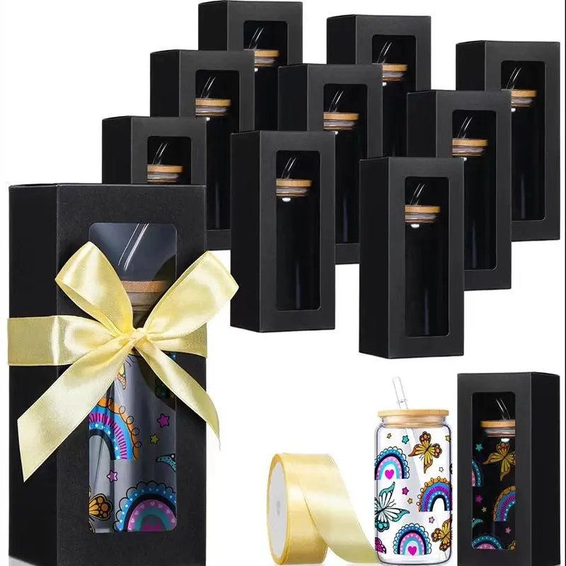 Clear Window Sublimation Gift Boxes, Gift Box Design, 8-Pack with Ribbons, Perfect for Weddings & Events, Fits 12oz-20oz Glasses, Easy Install, Gift Box Set, Gifts Box