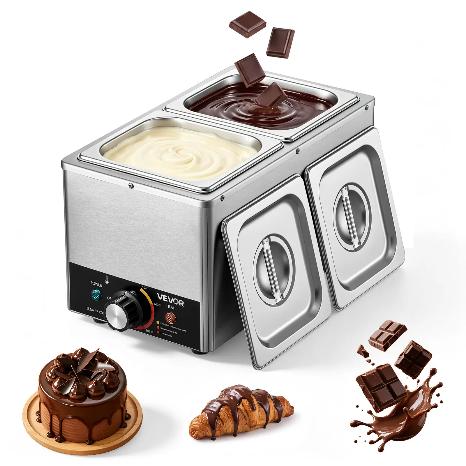 VEVOR Chocolate Melting Machine, 3 Cook Modes, 2 Tanks 9 Lbs Choc Melter, 86℉ - 230℉, 3 Cook Modes, 800W Power, Water Bath Heat System, 1/6 x 2 Pans, Stainless Steel, Cheese Warmer, Commercial & Home