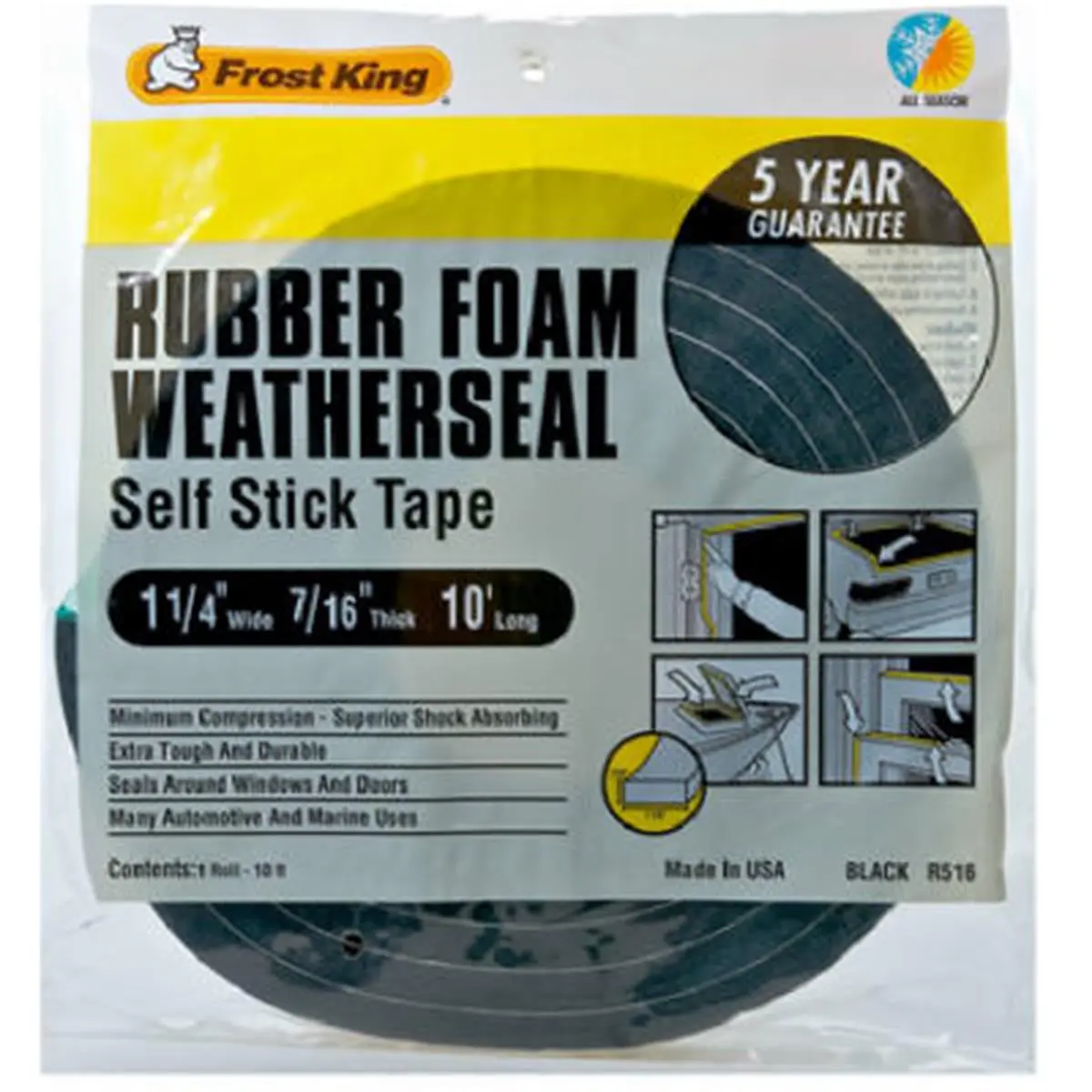 212 MAIN Thermwell R516H Compressible Self-Stick Adhesive Foam Weather-Strip Tape, 1.25 x 0.44 in, Black