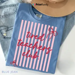 Tired Teachers Club Comfort Colors T-Shirt, Funny Teacher Shirt, Retro Striped Preppy Teacher Tee, Trendy Teacher Life Graphic Tee, Teacher Appreciation Gift Shirt - Printfamily