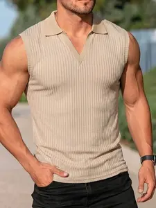 Men's rib-knit sleeveless polo shirt with V-neck collar vest, casual fitted style, suitable for both light business look and streetwear, long-sleeved casual outdoor jacket with solid vertical stripes