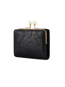 Women's Cute Faux Pearl Kiss Lock Small Wallet PU Three-Fold Purse with Credit Card Slot and ID Window, Lightweight Portable Handheld Card Holder