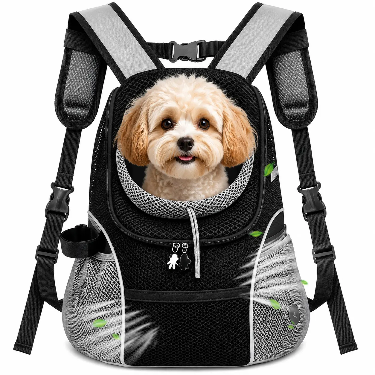 Breathable Mesh Black Front Dog Backpack for Pets Under 10lbs, Adjustable Straps, Built-In Safety Leash, Removable Plate, Side Pockets, Lightweight Ventilated Pet Carrier for Small Cats Puppies Walking Travel, Free 5 Disposable Pee Pads