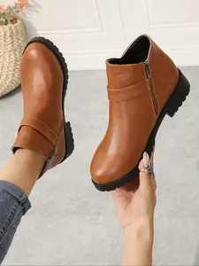 Women's PU mid-heeled ankle boots with buckle decoration and side zipper design, stylish and comfortable French-style boots suitable for both spring and autumn wear, suitable for indoor and outdoor use