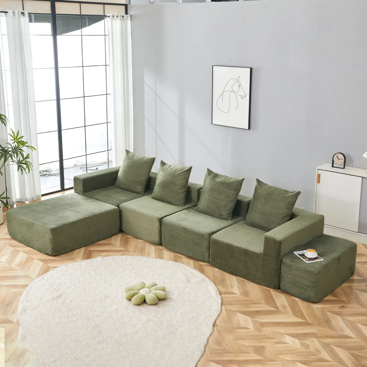 Aobtkel 4-Seater Striped Reconfigurable Modular Comfy Couch - Soft Corduroy Cloud-Like Sectional Sofa with Oversized Chaise, Ottomans, Vacuum Pack for Small Spaces, Office Lounges (Green)