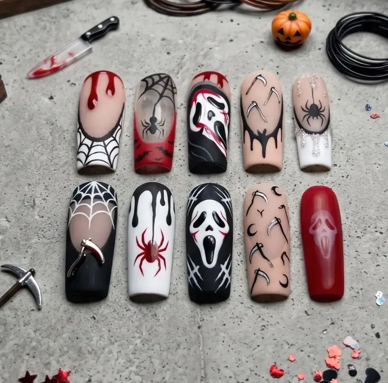 Scream Ghostface Halloween Press on Nails Luxury 3D Blood Drip Slasher Goth Nails