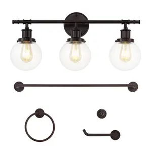 JONATHAN Y Hugo 24.5" 3-Light Farmhouse Classic Vanity Light with Bathroom Hardware Accessory Set