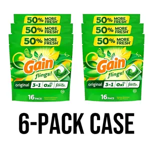 Gain Flings Original 3-in-1 Laundry Detergent Pacs 6-Pack (16 Count Each) – for Deep Clean and Lasting Freshness