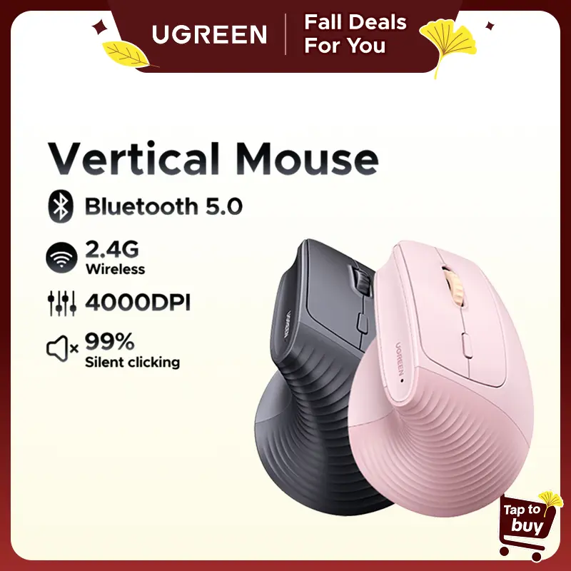 UGREEN 2.4G Wireless Vertical Ergonomic Mouse (Bluetooth Not Supported) - 5 Buttons, 4000 DPI, Black & Pink, 176g Computer Peripherals for PC/Laptop PC Accessories, TikTok Shop Fall Deals, Vertical Mouse