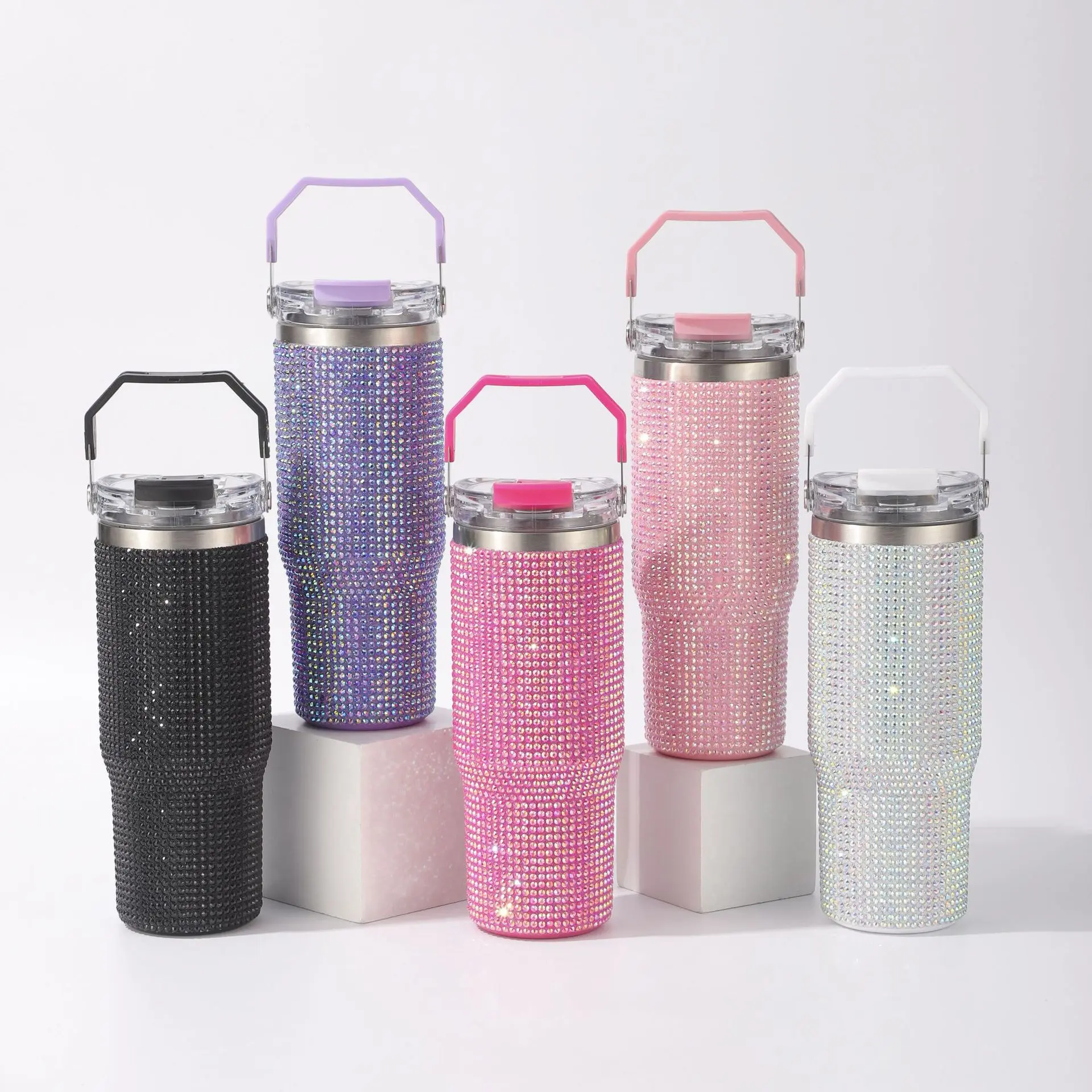 Women's 30oz Bling Rhinestone Tumbler - Double Wall Vacuum Insulated Stainless Steel Travel Mug with Silicone Cover, Straw, Tea Compatibility, Leakproof Portable Car Camping Cup, US Local Warehouse Fast Shipping