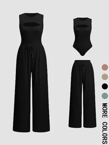 Women's solid color Knit summer leisure suit round neck hollow vest jumpsuit + wide leg straight casual trousers