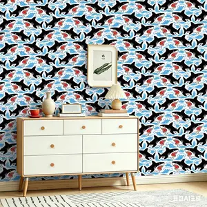 Seamless Wall Sticker Roll, Shark & Wave Print, Quick Renovation Wallpaper, Universal Fit, High-Definition, Easy Removal, Wall Protection