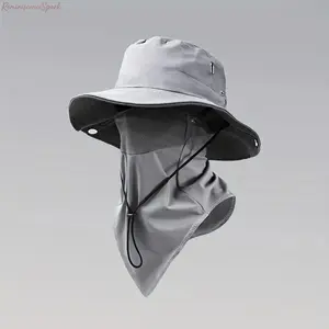 Unisex 2-Pack Wide Brim Sun Hats with Face Cover, Foldable UV-Protection Breathable Mesh Fishing Hats, Adjustable Drawstring All-Seasons Outdoor Sun Shields for Hiking, Gardening, Beach Use