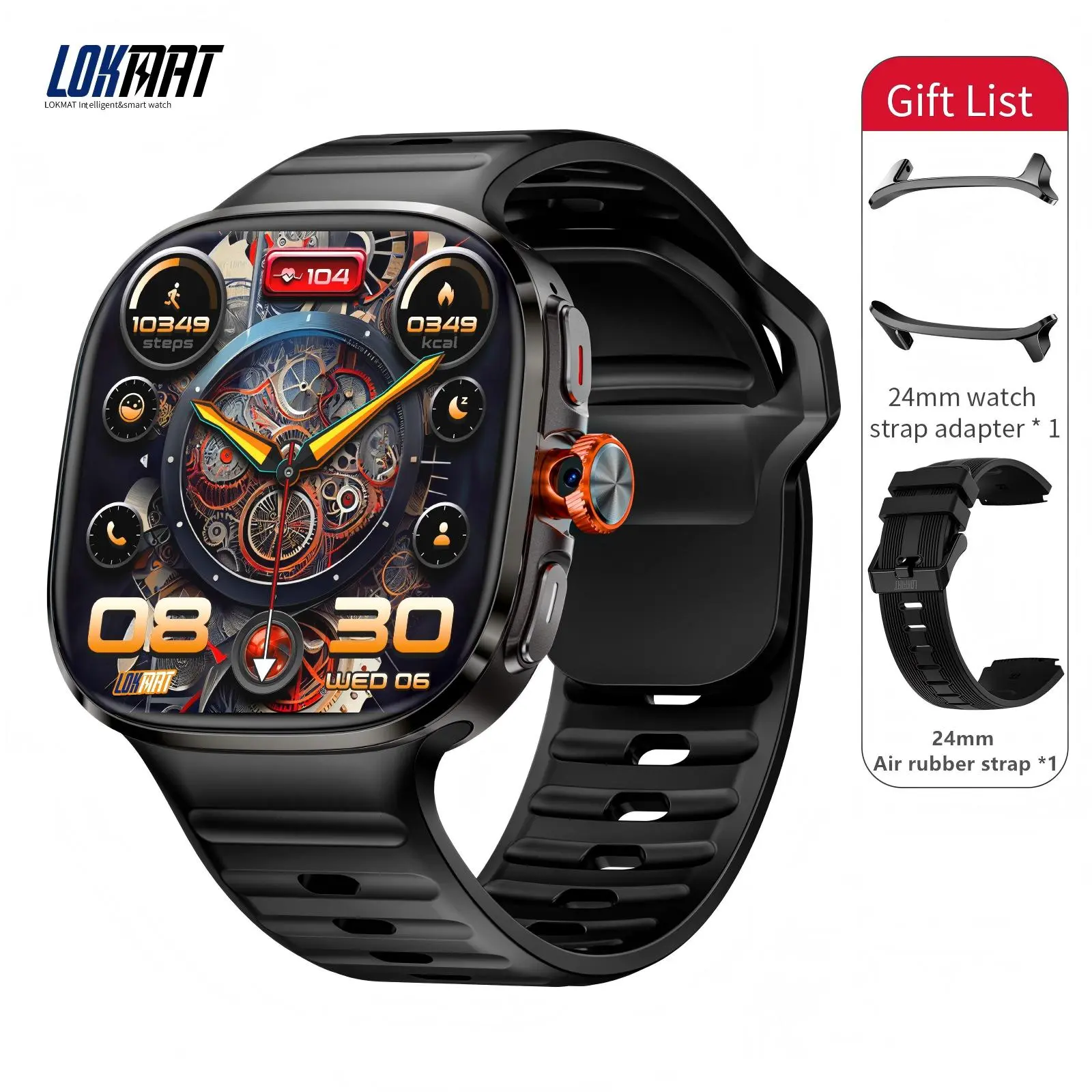 LOKMAT 6 MAX Android Smartwatch - Adjustable Wireless Silicone Band Smart Wearable Device, 2.16-inch AMOLED Screen, Rotatable Camera, SIM Support, Magnetic Aluminium Frame, Memory, WIFI, GPS, App Downloads, Calls, Video, Music Player