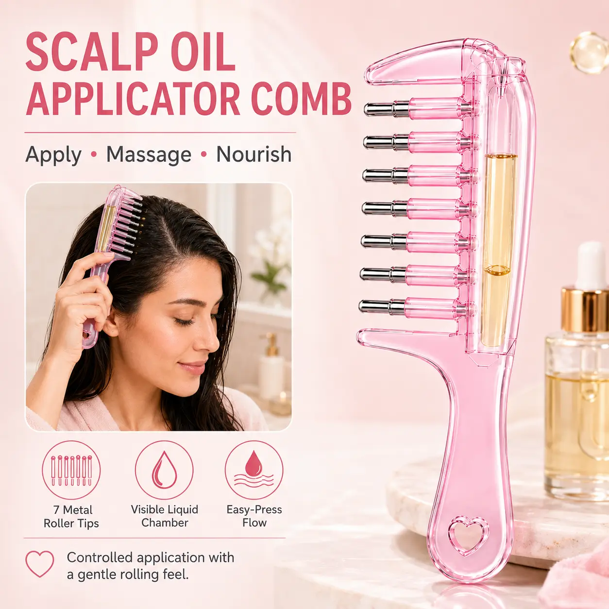 7-Roller Scalp Oil Applicator Comb - Reusable Liquid Dispensing Home Care Supplies Tool for Hair Oil, Scalp Serum, Roll Gently Unscented Home Hair Care Massage Comb