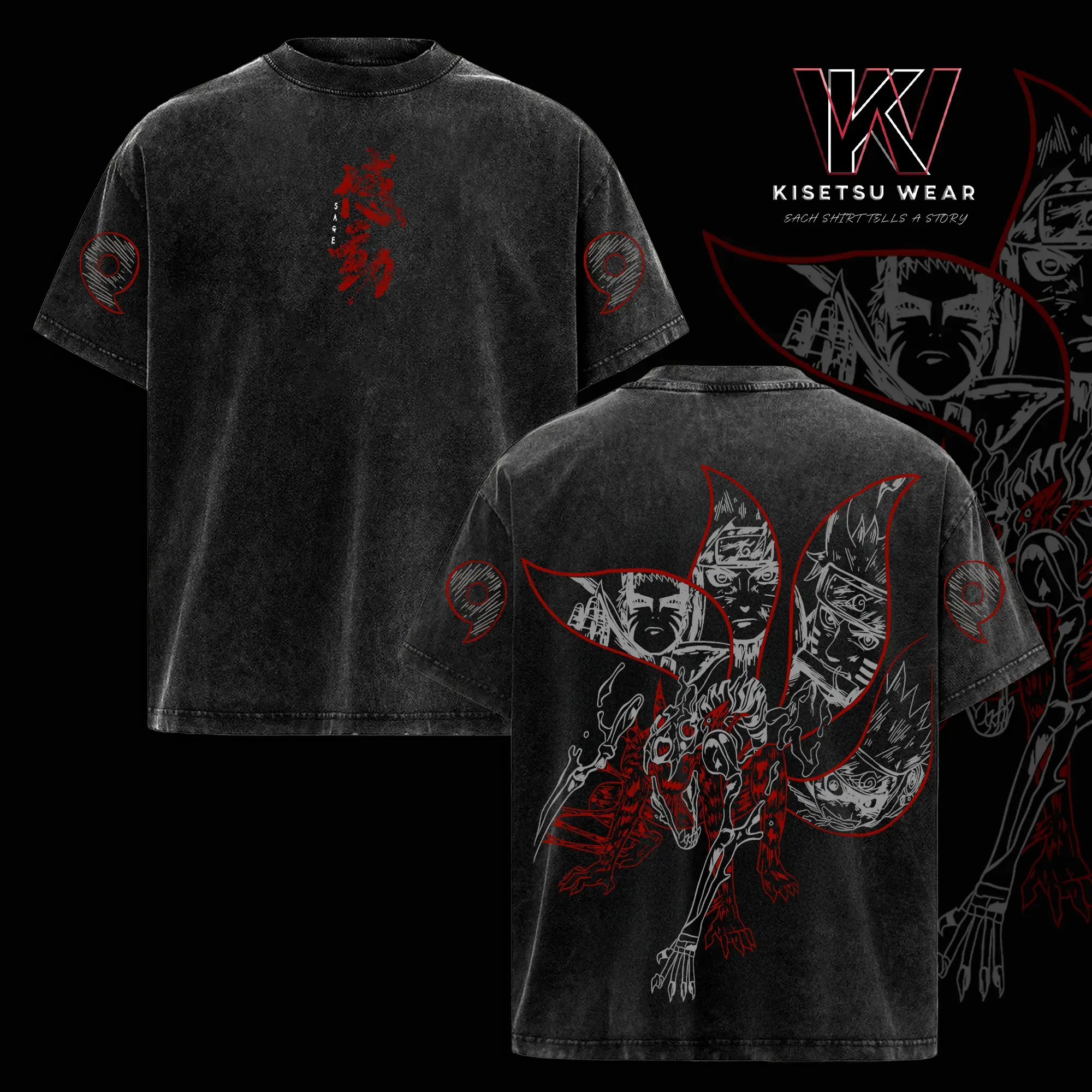 Naruto Kurama Sharingan T-Shirt – Vintage Washed Naruto Inspired Tee, Nine Tails Fox Anime Graphic Shirt, Oversized Soft Cotton Streetwear, Unisex Casual Apparel, Gift for Anime Fans