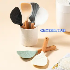 Wood Handle Food Grade Silicone Rice Spoon, Thick Sturdy Durable Non-Stick Rice Spoon, Electric Rice Cooker Spatula, Outdoor Washable Cooking Spoon